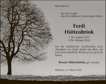 Todesanzeige von Ferdi Hüttenbrink von MZV