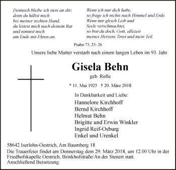 Todesanzeige von Gisela Behn von MZV