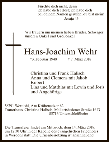 Todesanzeige von Hans-Joachim Wehr von MZV