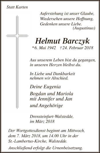 Todesanzeige von Helmut Barczyk von MZV