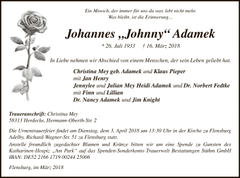 Todesanzeige von Johannes  Adamek von MZV