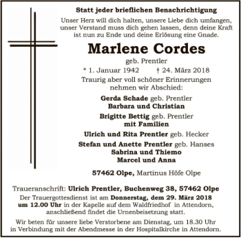 Todesanzeige von Marlene Cordes von MZV