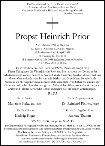 Todesanzeige von Propst Heinrich Prior von MZV