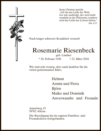 Todesanzeige von Rosemarie Riesenbeck von MZV