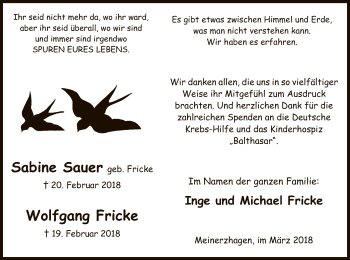 Todesanzeige von Wolfgang und Sabine Sauer Fricke von MZV