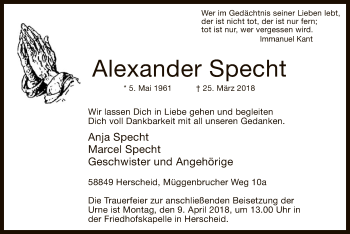 Todesanzeige von Alexander Specht von MZV