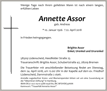 Todesanzeige von Annette Assor von MZV
