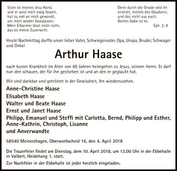 Todesanzeige von Arthur Haase von MZV