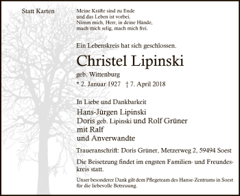 Todesanzeige von Christel Lipinski von MZV