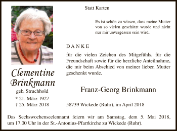 Todesanzeige von Clementine Brinkmann von MZV