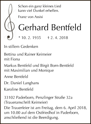 Todesanzeige von Gerhard Bentfeld von MZV