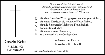 Todesanzeige von Gisela Behn von MZV