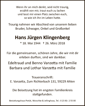 Todesanzeige von Hans Jürgen Klingenberg von MZV