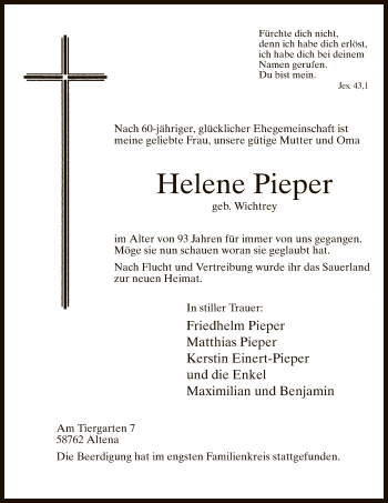 Todesanzeige von Helene Pieper von MZV
