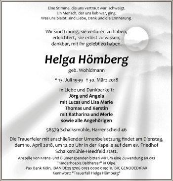 Todesanzeige von Helga Hömberg von MZV