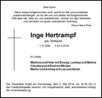 Todesanzeige von Inge Hertkrampf von MZV
