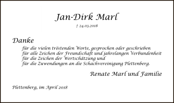 Todesanzeige von Jan-Dirk Marl von MZV