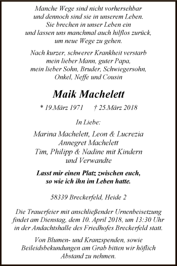 Todesanzeige von Maik Machelett von MZV