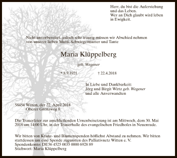 Todesanzeige von Maria Klüppelberg von MZV