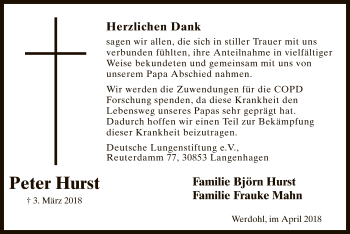 Todesanzeige von Peter Hurst von MZV