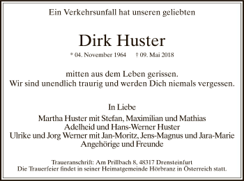 Todesanzeige von Dirk Huster von MZV