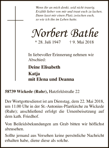 Todesanzeige von Norden Bathe von MZV