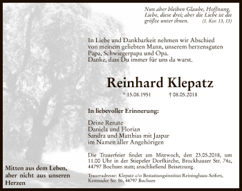 Todesanzeige von Reinhard Klepatz von MZV