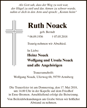 Todesanzeige von Ruth Noack von MZV