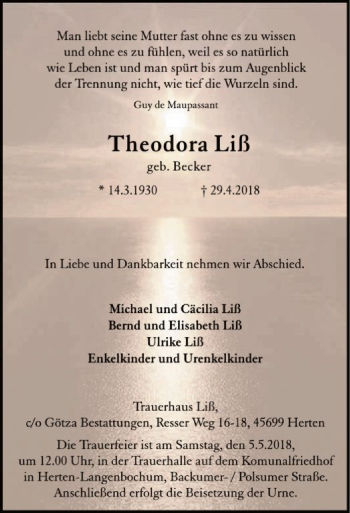 Todesanzeige von Theodora Liß von MZV