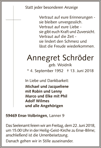 Todesanzeige von Annegret Schröder von MZV