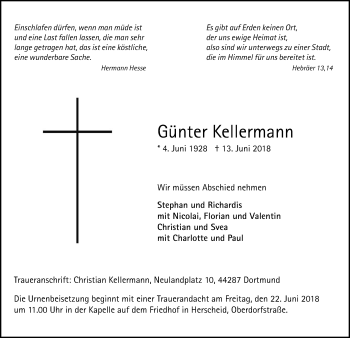 Todesanzeige von Günter Kellermann von MZV
