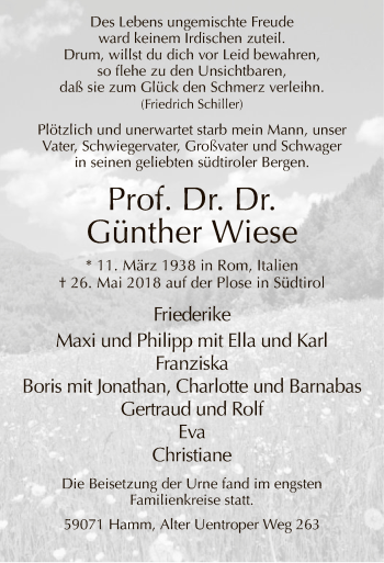 Todesanzeige von Günther Wiese von MZV