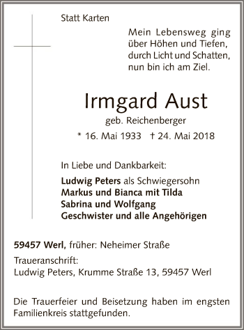 Todesanzeige von Irmgard Aust von MZV