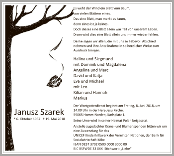 Todesanzeige von Janusz Szarek von MZV