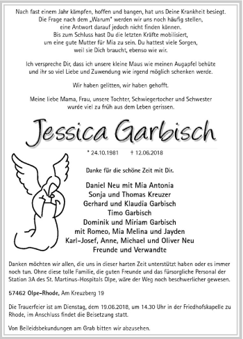 Todesanzeige von Jessica Garbisch von MZV