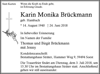 Todesanzeige von Karin Monika Brückmann von MZV