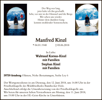 Todesanzeige von Manfred Kinzl von MZV
