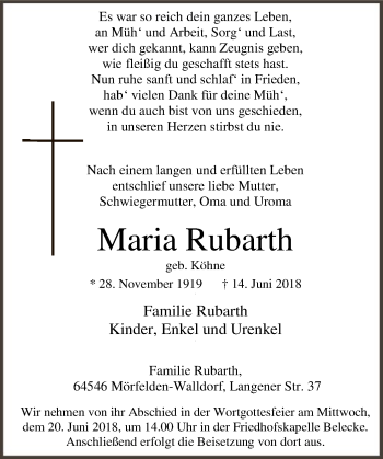 Todesanzeige von Maria Rubarth von MZV
