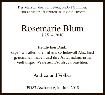 Todesanzeige von Rosemarie Blum von MZV