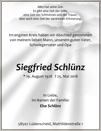 Todesanzeige von Siegfried Schlünz von MZV