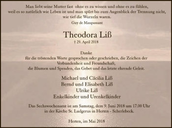 Todesanzeige von Theodora Liß von MZV