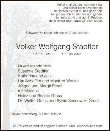Todesanzeige von Volker Wolfgang Stadtler von MZV