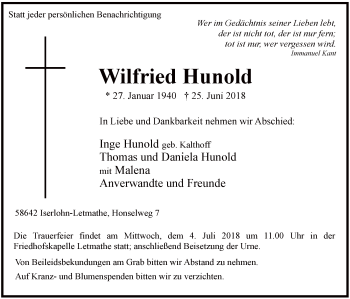 Todesanzeige von Wilfried Hunold von MZV