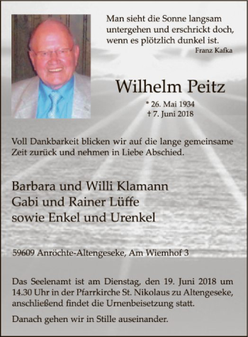 Todesanzeige von Wilhelm Peitz von MZV