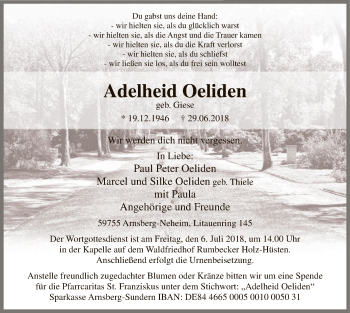 Todesanzeige von Adelheid Oeliden von MZV