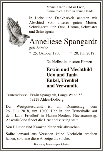 Todesanzeige von Anneliese Spangardt von MZV