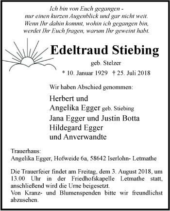 Todesanzeige von Edeltraud Stiebing von MZV