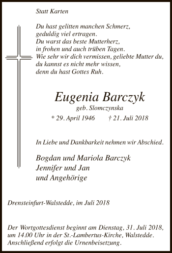 Todesanzeige von Eugenia Barczyk von MZV