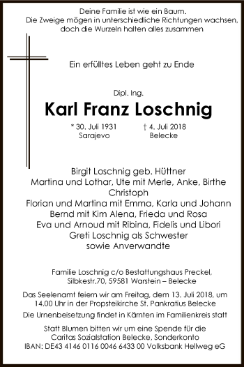 Todesanzeige von Karl Franz Loschnig von MZV