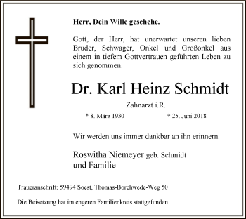Todesanzeige von Karl Heinz Schmidt von MZV
